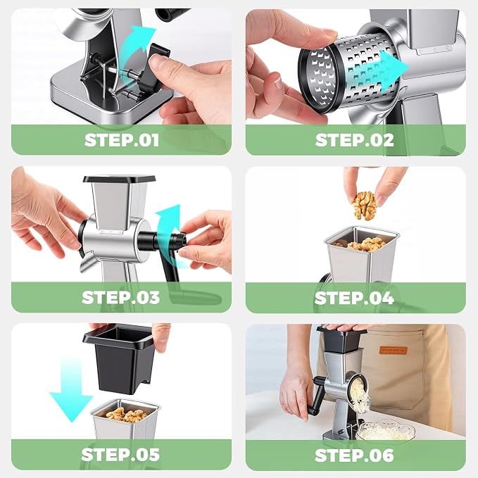 LHS Rotary Cheese Grater Stainless Steel Manual Cheese Shredder Grater Walnuts Grinder with 3 Interchangeable Drum Blades for Chocolate, Cheese and Nuts