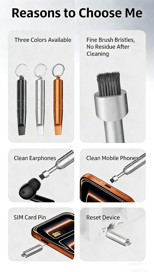 2PCs 3-in-1 Cleaning Brush Mobile Phone Card pin Keychain sim Battery Compartment Multi-Function Cleaning Brush handset Cleaning (Black+Silver)