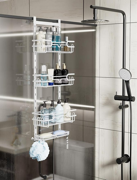 Consumest Over The Door Shower Caddy - 4 Tier Adjustable Hanging Shower Organizer Shelf with 2 Soap Holders & 22 Hooks, Rustproof Easy Installation Hanging Storage Rack for Bathroom, White