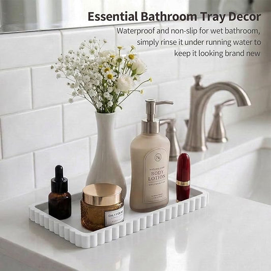 Silicone Bathroom Vanity Tray, Sink Caddy for Dish Soap Dispenser, Sponge Holder for Kitchen Sink, Rectangle Bathroom Countertop Organizer for Perfume, Jewelry, Candle (9.9” * 6”, White)