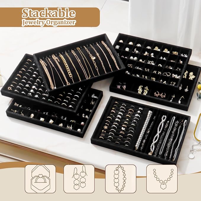 Large Velvet Jewelry Tray 2 Pack Stackable Jewelry Display Drawer Inserts Trays Organizer for Earring Bracelet Necklace Ring (Black, 40 Grids)