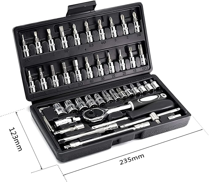 46PCS 1/4 inch Drive Socket Set,Metric Ratchet Wrench Set with 4-14mm CR-V Sockets,S2 Bits,Extension Bars,Mechanic Tool Kits for Household Auto Repair