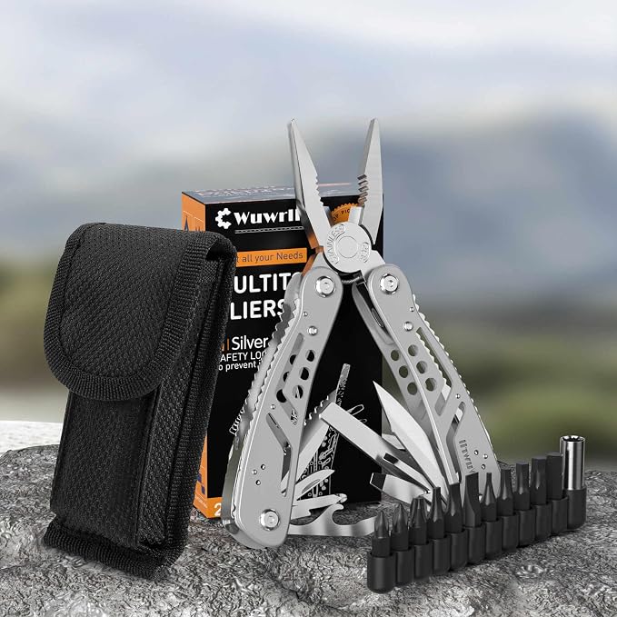 26-in-1 Multitool,Professional Stainless Steel Multi Tools ,Multitool Pliers Pliers Pocket Knife with Heavy Duty Screwdriver Sleeve, Replaceable Bits Multitools for Outdoor, (silvery)