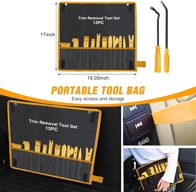 GOOACC 13PCS Nylon Trim Removal Tool Set | for Bumper Fastener Rivet Clips Car Door Clip Panel Audio Video Dashboard Dismantle Yellow
