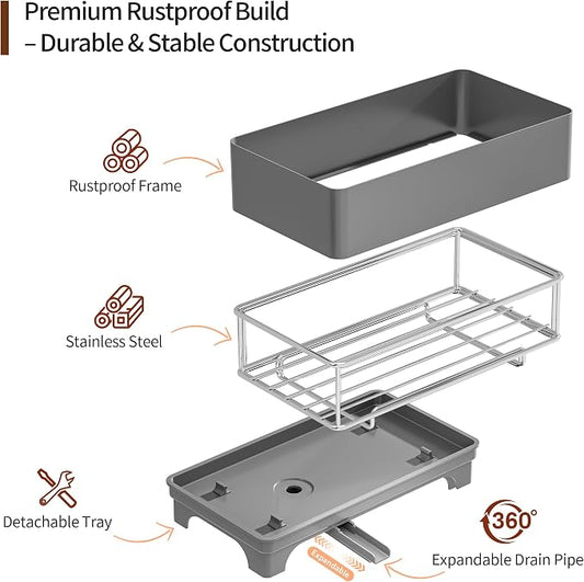 MOUKABAL Sponge Holder for Kitchen Sink – Rustproof Stainless Steel, 360° Rotating Drain Pipe, Large Counter Organizer with Drip Tray for Sponges, Brushes & Dish Cloths Grey