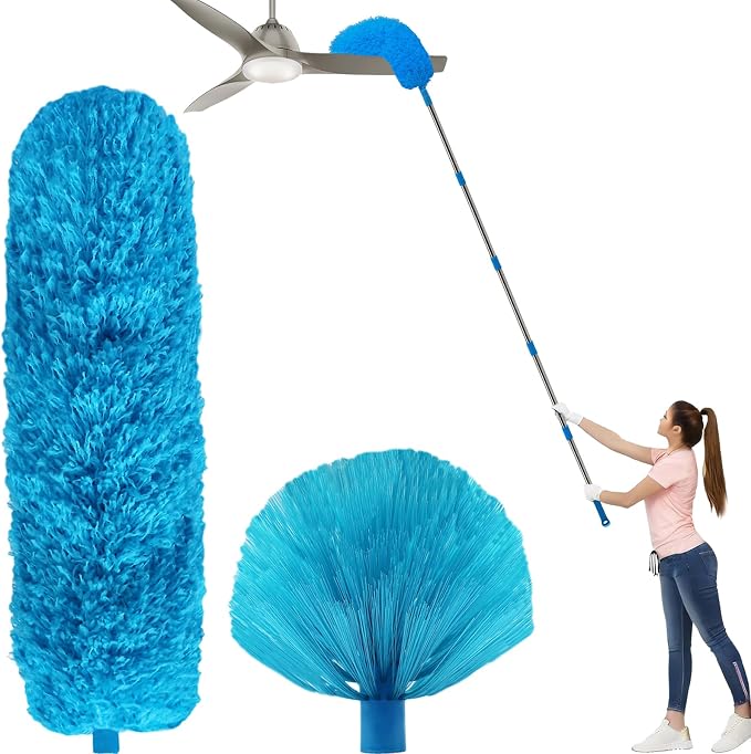 20+ Ft High Reach Ceiling Fan Duster & Cobweb & Corner Brush Duster with 3-13 ft Extension Pole, Microfiber Feather Duster with Washable Head for Ceiling Fan, Furniture, Home Cleaning