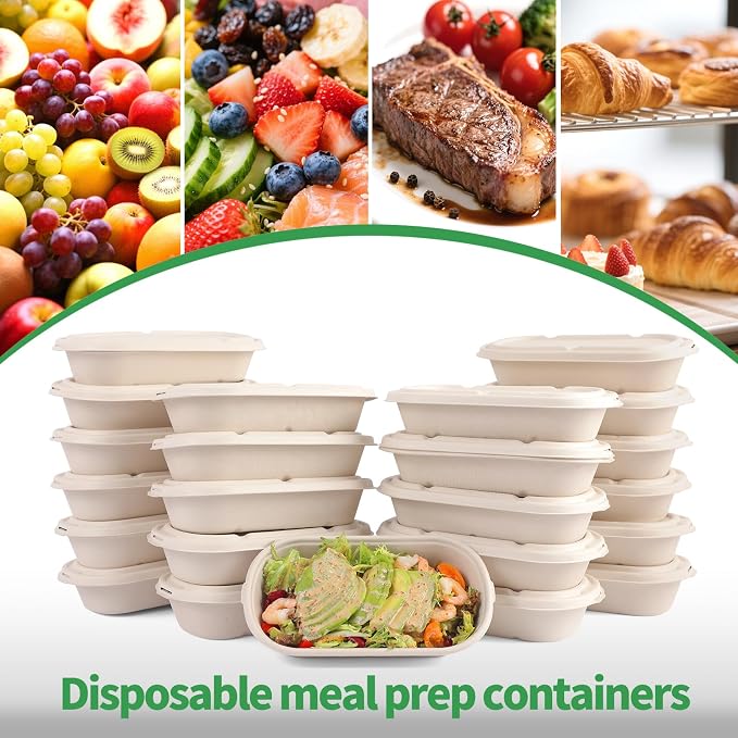 50Pcs(24oz) Disposable Meal Prep Food Containers with Lids,Lunch Salads Microwaveable and Freezable Compostable Safe Non Plastic Food Storage,Biodegradable Take Out Food Bento Boxes.