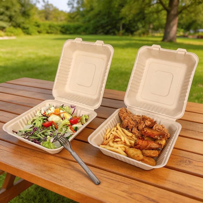 Aricsen Compostable 1 Compartment 50 Pack 8×9 Inch Takeout Lunch Box Containers with Lid To Go Take Out Clamshell for Food, Disposable Eco-Friendly Biodegradable Bagasse, PFAS-Free, Brown