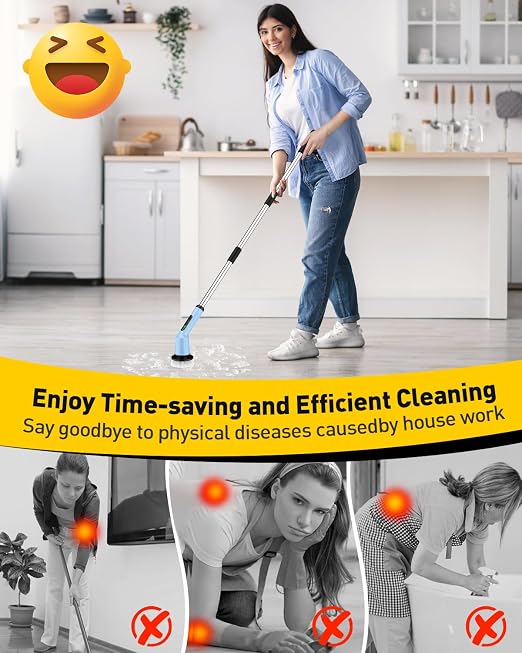 Shower Scrubber with Long Handle, Shower Cleaner Brush with 8 Brush Heads, Cordless Electric Spin Scrubber for Cleaning with 2 Speed, Cleaning Supplies for Bathroom Bathtub Kitchen Floor Tile Toilet