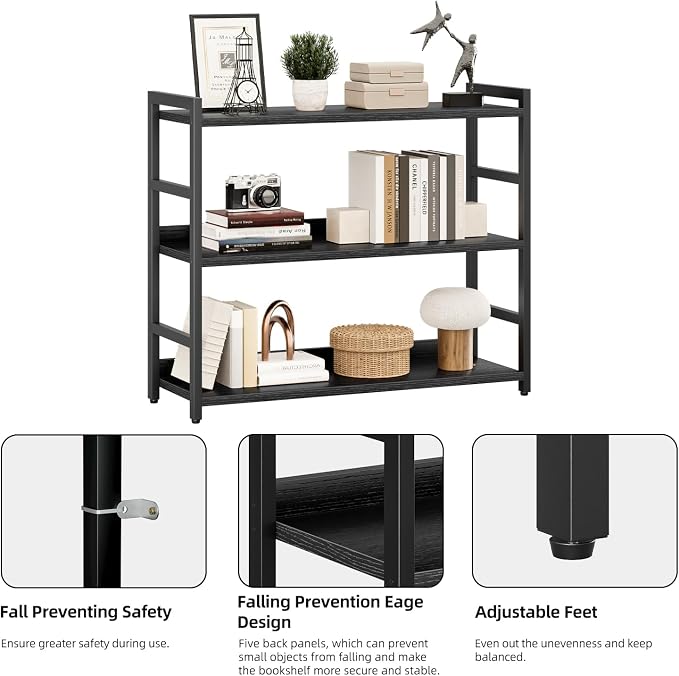NUMENN Wide Bookshelf, 3 Tier Freestanding Shelving Unit, Black | Metal Frame & Wood Shelves, Falling Prevention Baffle, Open Storage Bookcase for Bedroom, Living Room & Home Office