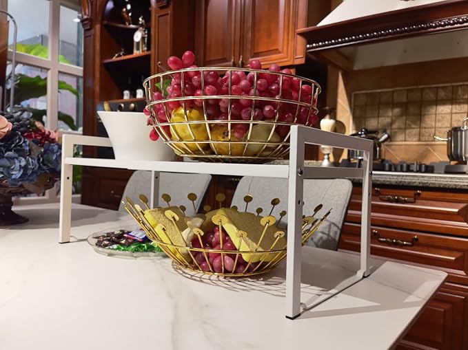 Expandable Cabinet Shelf Organizer 16-26" L Stackable Kitchen Counter Shelf Rack Stand Sink Riser Countertop Storage White (Wide 10.6”D)