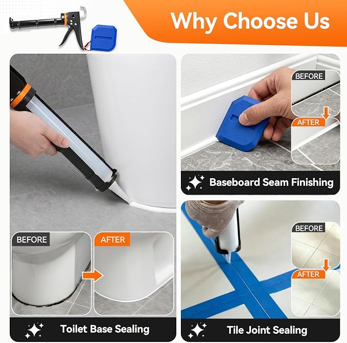 Caulk Gun Kit, Smooth Silicone Caulking Gun and Caulk Remover Tool, Sealant Finishing Tool Grout Scraper for Kitchen Bathroom Window Sink Joint, All in One with Gift Box