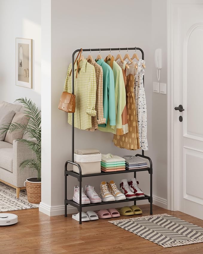 Sakugi Clothes Rack - 29.3" × 12.5" × 59.6" Clothing Rack and Shoe Rack with Anti-Slip Stopper, Large Capacity Rack with 2-Tier Shoe Organizer, Clothes Organizer for Bedroom, Entrance, Laundry, Black