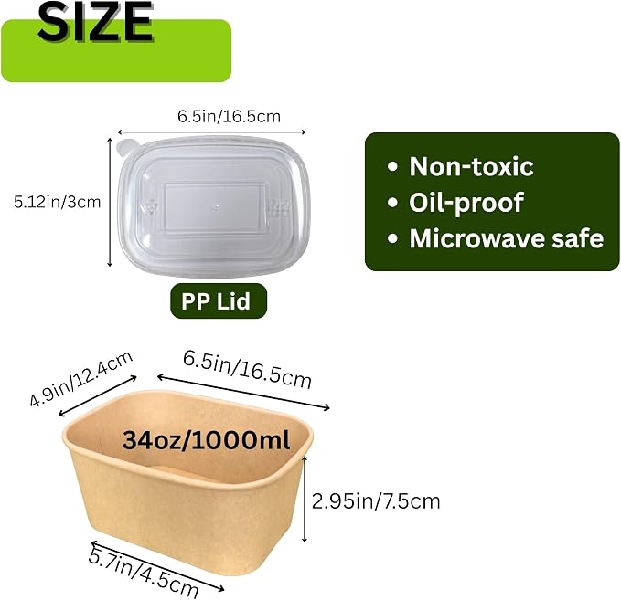 34 OZ Disposable Bowls with Lids, 50 Sets Kraft Paper Salad Bowls, Large Oil-Proof Soup Bowls Microwave Freeze, Perfect for Disposable Meal Prep Food Container Takeout