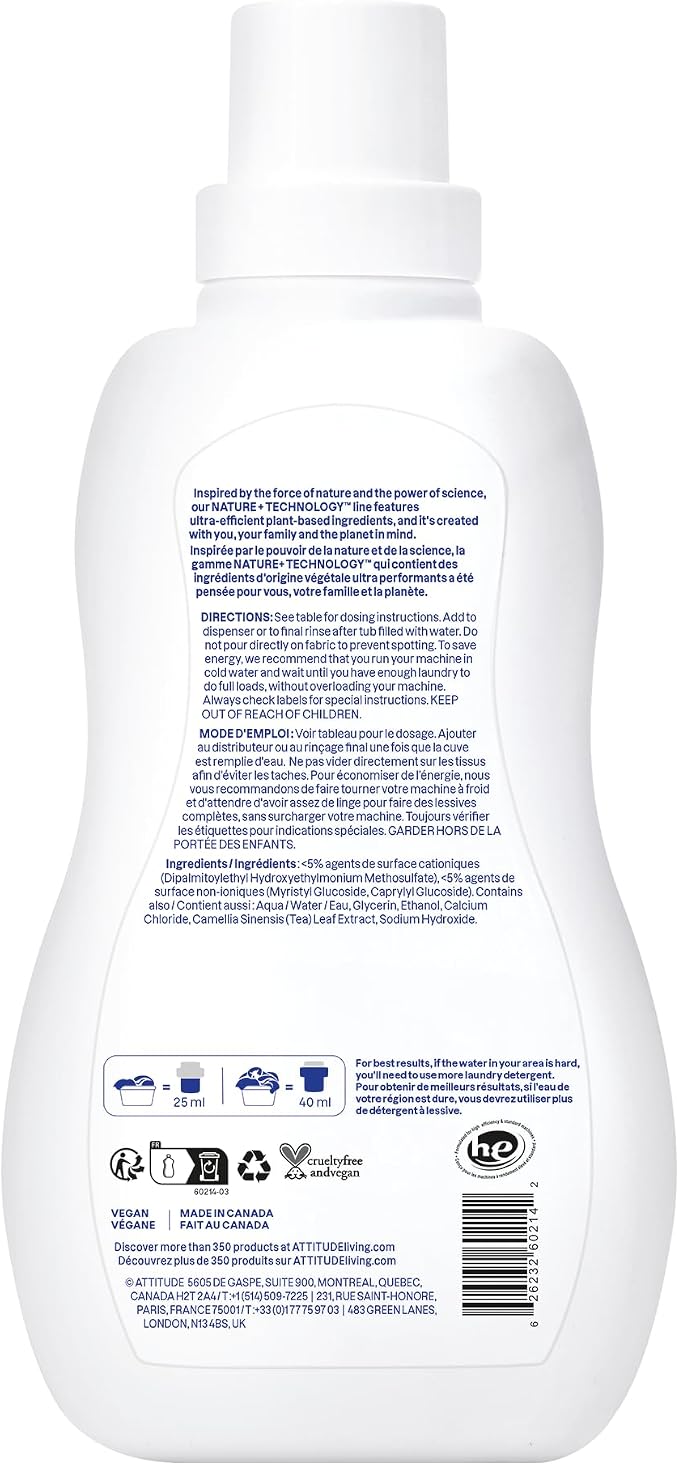 ATTITUDE Liquid Fabric Softener, Plant-Based & Vegan, HE Compatible, Naturally Derived, Unscented, 40 Loads, 33.8 Fl Oz