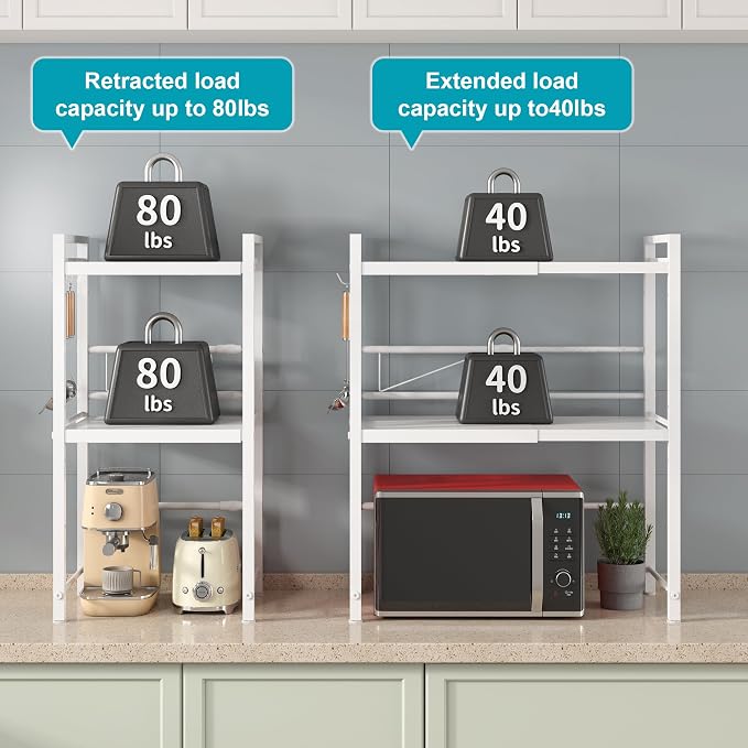 DOLALIKE Expandable Microwave Stand Kitchen Countertop Organizer, White | Adjustable Microwave Oven Rack Metal Storage Shelf with 3 Hooks for Pans Small Appliances Kitchen Utensils Tableware, 3-Ter