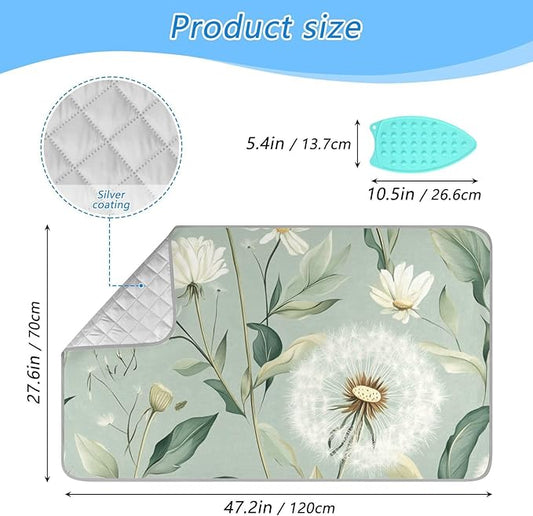 Sage Green Dandelions Ironing Mat Portable Ironing Pad Blanket with Silicone Iron Rest for Table Top Travel Heat Resistant Double-Side Using Large 47x28 Inch Foldable