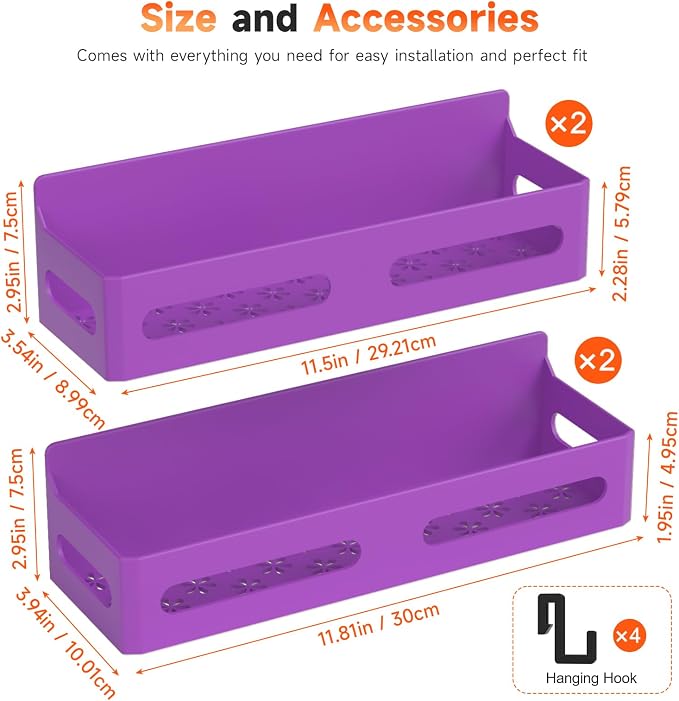 Sevenblue 4-Pack Magnetic Spice Rack for Refrigerator with Hooks, Purple | Strong multipurpose magnetic shelf for kitchen & bathroom organization. Includes 4 removable hooks for hanging items.