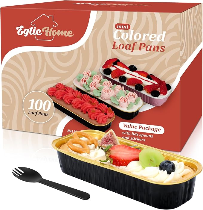 EgticHome Mini Loaf Pans with Lids and Spoons (100 Pack, Black-gold, 6.8oz) Rectangular Aluminum Foil Baking Pans