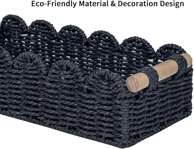 CubesLand Bathroom Basket Organizer, Toilet Tank Paper Storage Baskets 2PK | Scalloped Decorative Basket for Countertop w/Handle, Wicker Basket for Bathroom Decor, Home Decor, Living Room, Black