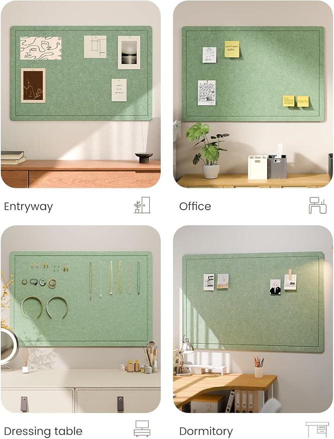 Fluxynara 35.4" x 23.6" Bulletin Board, Moss Green | Cork Board Alternative with 12 Removable Adhesive Tabs, Foldable Felt Pin Board for Home, Office, Classroom & Dorm