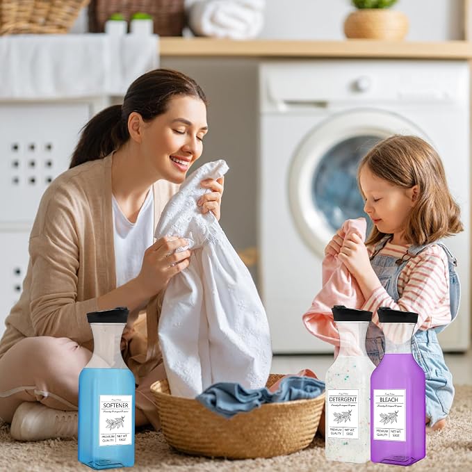 4 Pack Laundry Detergent Dispenser, 53oz Liquid Fabric Softener Dispenser,Plastic Laundry Detergent Containers with 10 PCS Label,Black Lid