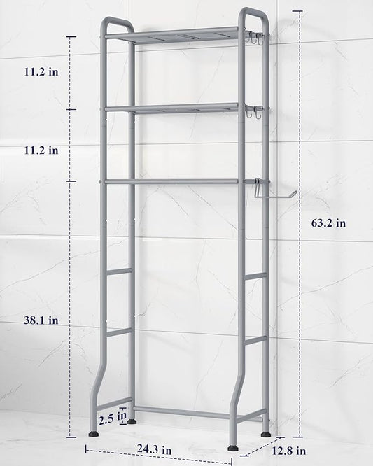 Kitsure Over Toilet Storage Rack - Metal Over Toilet Bathroom Organizer Shelf, Over the Toilet Storage Cabinet with Paper Holder and Hooks, Bathroom Cabinet for Laundry, Grey, 3 Tiers (63.2" H)