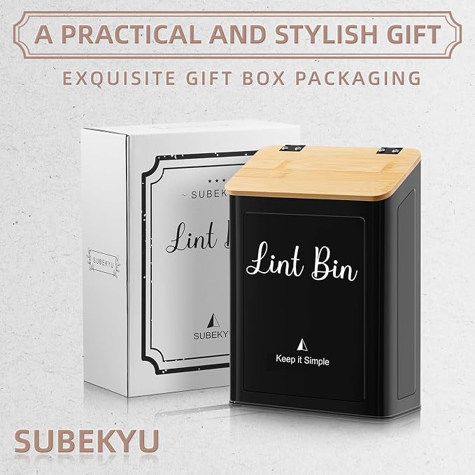 SUBEKYU Magnetic Lint Bin for Laundry Room Organization and Storage,Black | Wall Mounted Metal Lint Box Holder Trash Can with Bamboo Lid for Dryer,Lint Basket for Laundry Room Decor