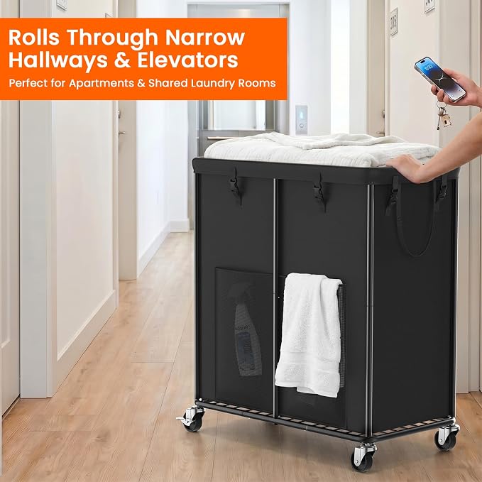 250L Laundry Hamper with Lid & Wheels, Rolling Laundry Basket with Bag | Sturdy Metal Frame | Laundry Bag with Handles| Large & Tall Clothes Hampers for Laundry Room, Bedroom, Dorm, Bathroom-Black