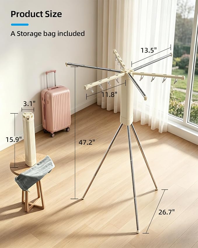 Foldable Tripod Clothes Drying Rack for Travel, Camping with 3 Tent Pegs | Portable Drying Rack Clothing Laundry Drying Rack for Balcony, Hotel, Apartment. Steel Frame with 12 Clips, Windproof
