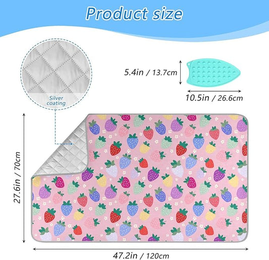 Ironing Mat Portable Ironing Pad Blanket with Silicone Iron Rest for Table Top Travel Heat Resistant Double-Side Using Large 47x28 Inch Foldable Summer Strawberries Daisy