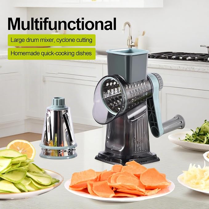 Rotary Cheese Grater Shredder 3-in-1 Hand Crank Suction Base | Stainless steel blades for fine, medium & coarse grating | Perfect for cheese, vegetables & nuts | Finger-safe design
