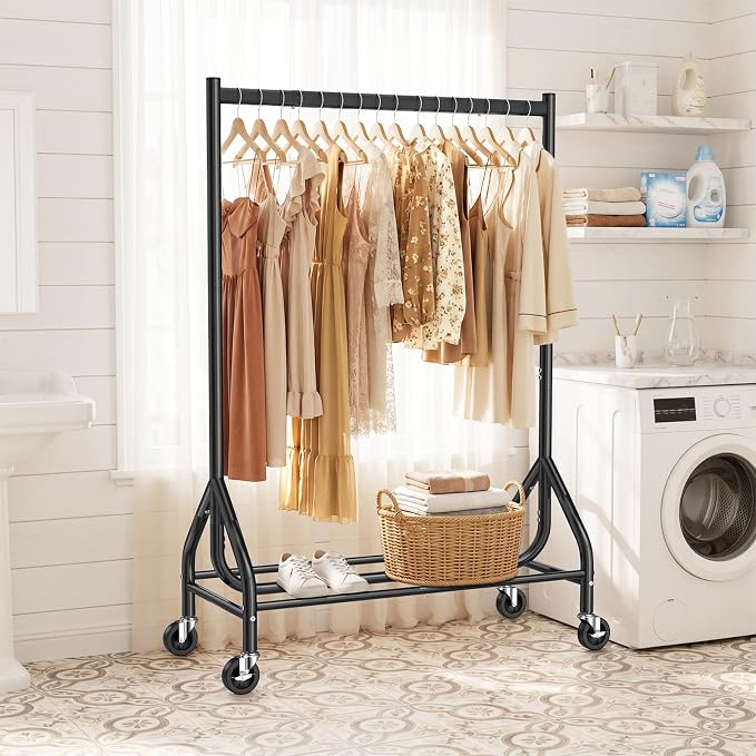 EAGMAK Heavy Duty Clothes Rack Load 268 LBS, 31.5 inch Hanging Rod, Black | Metal Frame, Stable Base, Compact Size, Rolling Smooth, For Bedroom Closet Entryway Laundry Living Room Home Garage Storage