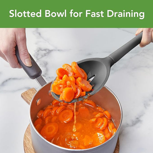 Tovolo Flex Core Silicone Slotted Deep Spoon for Cooking Mixing Baking, Dishwasher Safe BPA Free All Silicone Kitchen Spoon Utensil Heat Resistant Nonstick Safe Slotted Serving Spoon, Charcoal Gray