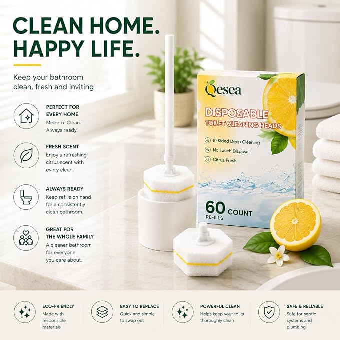 Toilet Wand Refills 60 Count Lemon Scent – Disposable Toilet Bowl Cleaner Brush Heads with Fresh Citrus Fragrance, Fits Most Standard Toilet Wand Handles, Hygienic No-Touch Cleaning Sponge Pads