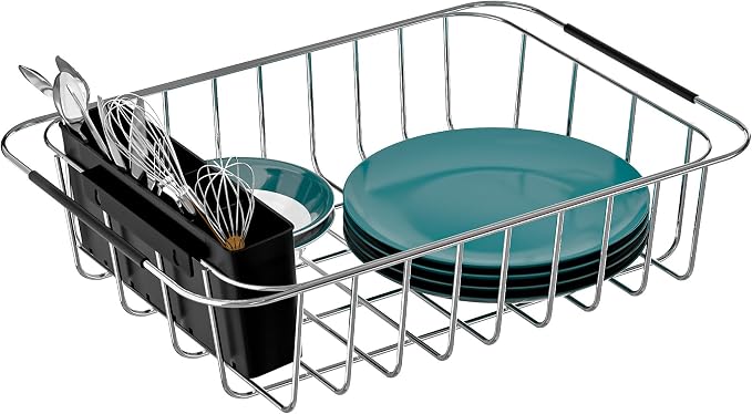 SANNO Dish Rack Utensil Holder, Hanging Cutlery Drainer Caddy with Hooks,10.08 x 2.28 x 4.33 inches 4 Compartment Flatware Organizer for Forks, Spoons, Knives, Fits Over Most Dish Drying Racks, Black