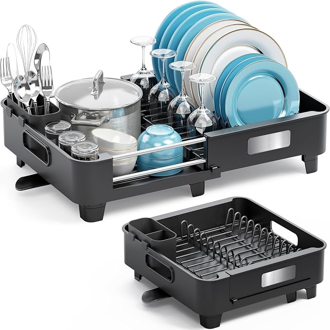TOOLF Expandable Dish Drying Rack, Black | Kitchen Storage Essentials, Extends to 20.35 in, Removable cutlery holder, Portable handle, Tool-free installation