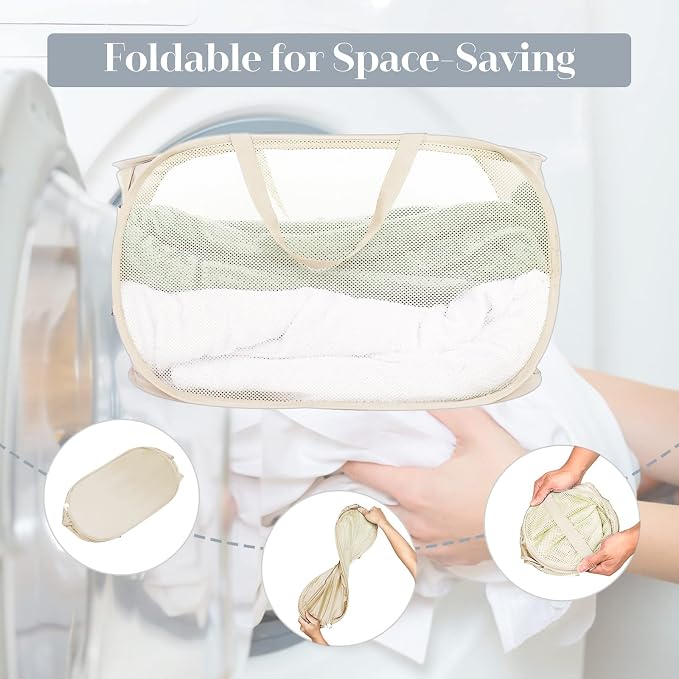 Durable Collapsible Laundry Baskets, Mesh Pop Up Laundry Hamper with Side Pocket, Foldable Clothes Storage Hamper with Reinforced Carry Handles for Laundry, Bathroom, Kids Room, Dorm or Travel Beige