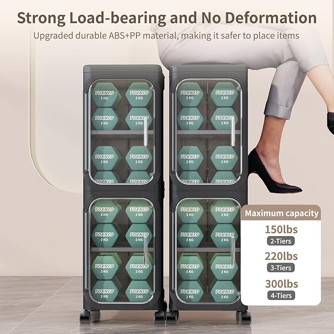 5 Tier Slim Bathroom Storage Cabinet, Foldable and Movable, Black | Tools Free, ABS and PET, Magnetic Clear Door, Adjustable Shelves, Lockable Wheels, Water Resistant, For Narrow Space