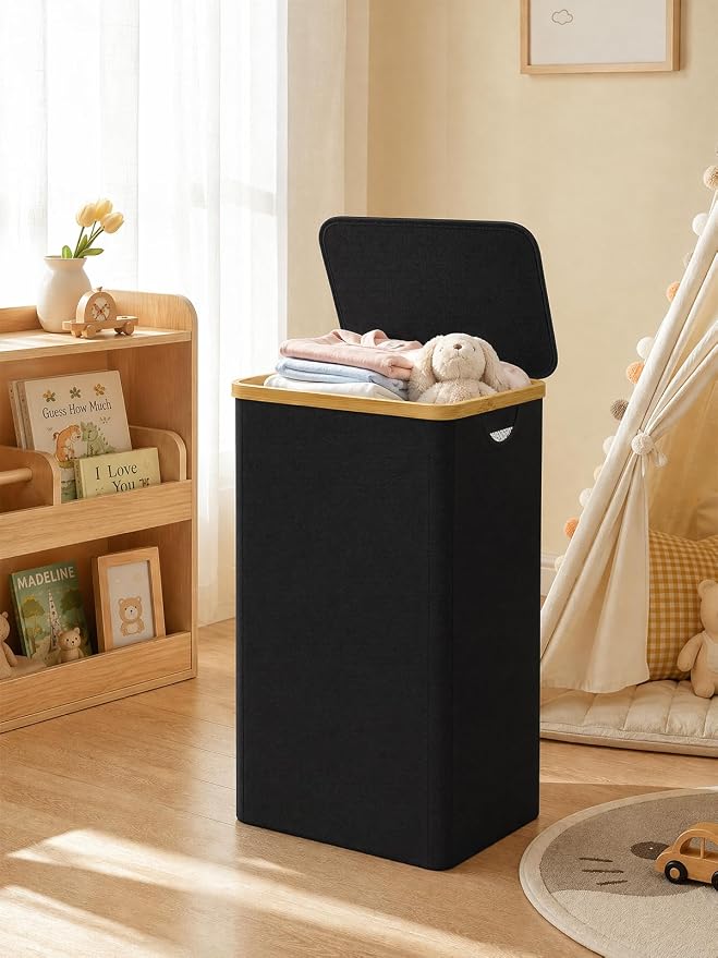 IEGrow Laundry Hamper with Lid, 110L Laundry Basket with Bag,Black | Dirty Clothes Hamper Basket with Bamboo Handle for Clothes Towels Organization