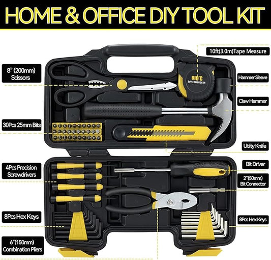 MARTCOLOR 58 Piece Household Tool Set, General Household Hand Tool Kit with Plastic Toolbox Storage Case, All Purpose Household Tool Kit for Home, Garage, Office and College Dormitory Use, Yellow
