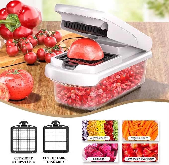 11-in-1 Vegetable Chopper with 8 Blades – Multifunctional Food Chopper & Mandoline Slicer, Onion Dicer, Potato & Carrot Cutter with Container, Kitchen Gadget (White/Black)