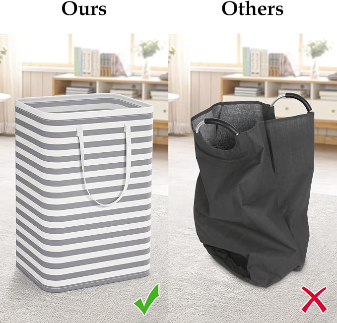 StorageRight Laundry Basket Hamper, 75L Clothes Storage, Striped Grey | Freestanding Clothes Hampers, Foldable design, with Easy Carry Handles, For Laundry, Bedroom, Dorm, Clothing, Towels, Toys
