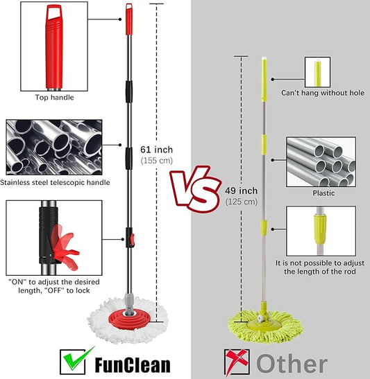 Stainless Steel Extendable Mop Handle with 2 Microfiber Replacement Heads & 360° Rotating Base Plate — Fits Standard Mop Buckets - Black