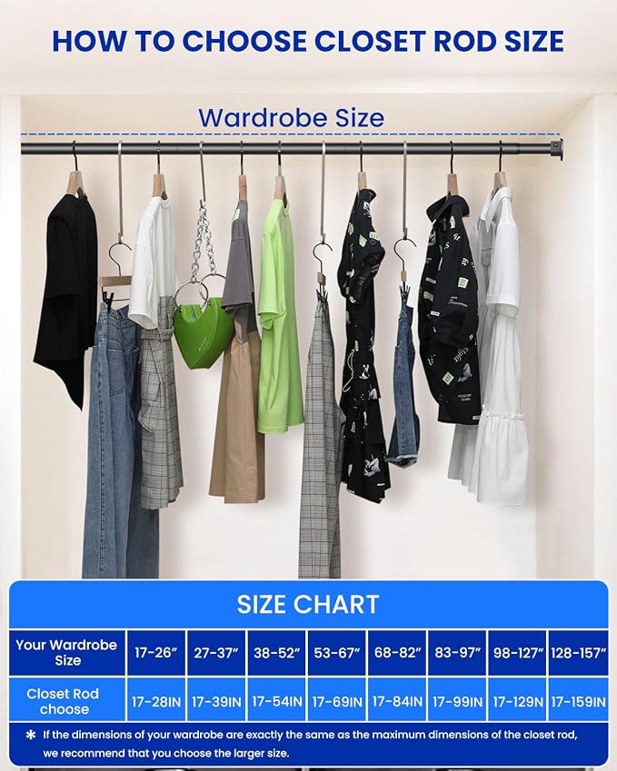 Supforce 2 PACK Closet Rods for Hanging Clothes, 17 to 28 Inches Stepless Adjustable Metal Closet Rod, 1.3 Inches Heavy Duty Clothes Hanging Rod for Closet Wardrobes Laundry RV, Black