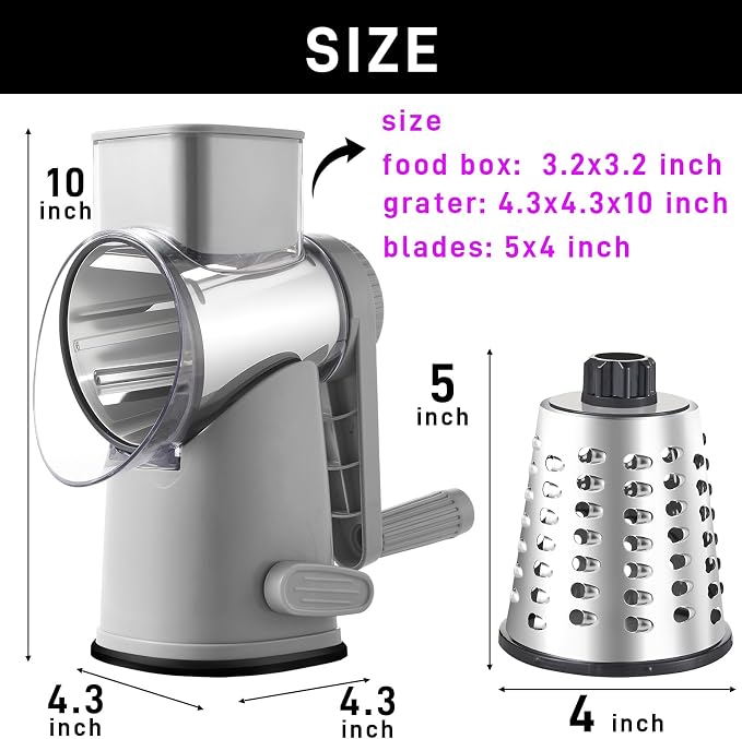 Weltonhm Rotary Cheese Graters with 4 Blades, Large Hand Crank Cheese Grater with Waffle Slicer, Grey Cheese Shredder with Suction Base, Easier for Shredding & Grating (Grey, 4 Graters)