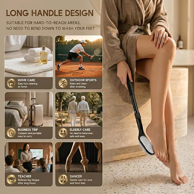 Long Handle Foot Scrubber for Shower, Extendable Foot Brush with Foot File 2 in 1 Dual Sided, Back Saving Foot Cleaner Brush for Cleaning Between Toes & Removing Calluses, Foot Care Tool for Seniors