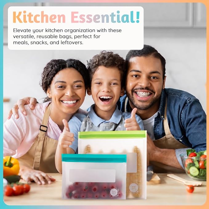 Reusable Food Storage Bags – 14-Pack Stand-Up, BPA-Free, Freezer, Dishwasher Safe & Eco-Friendly – 3 L, 8 M, 3 S Bags – Airtight Leakproof, Sandwich, Snack, and Meal Prep Baggies (Multicolor)