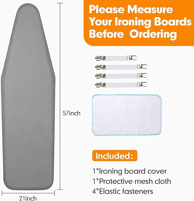Ironing Board Cover and Pad, 21x57 Extra Large Thick Iron Padding, Scorch & Stain Resistant Ironing board cover, Heavy Duty Iron Board Padded with Adjustable Fasteners Durable Elastic Edge, Grey