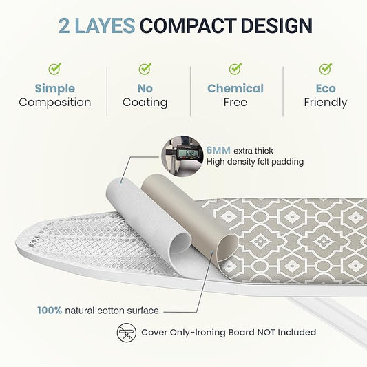 UniSimp Ironing Board Cover and Pad 18"x49" Extra Thick Natural Cotton, Scorch and Stain Resistant Iron Board Cover, Wide Ironing Board Cover with Fasteners Heavy Duty Heatproof Elastic Edge Geometric